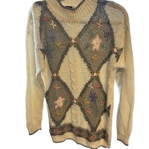 Cream and Olive Crochet Medium Knit Sweater by Beldoch Popper
